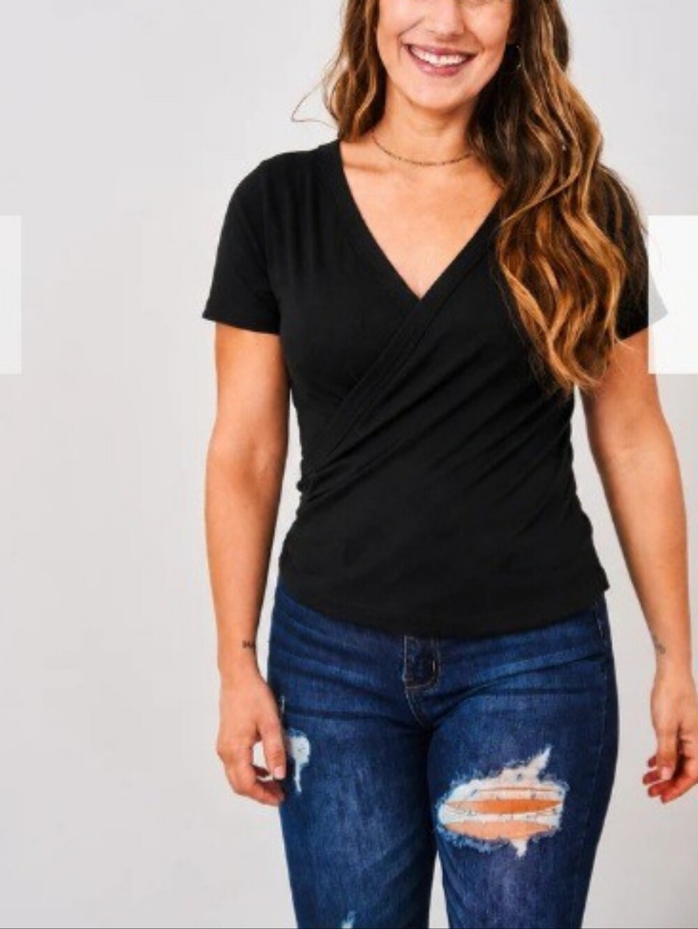 Latched Mama Ribbed Black V-Neck Wrap Short Sleeve Nursing Top